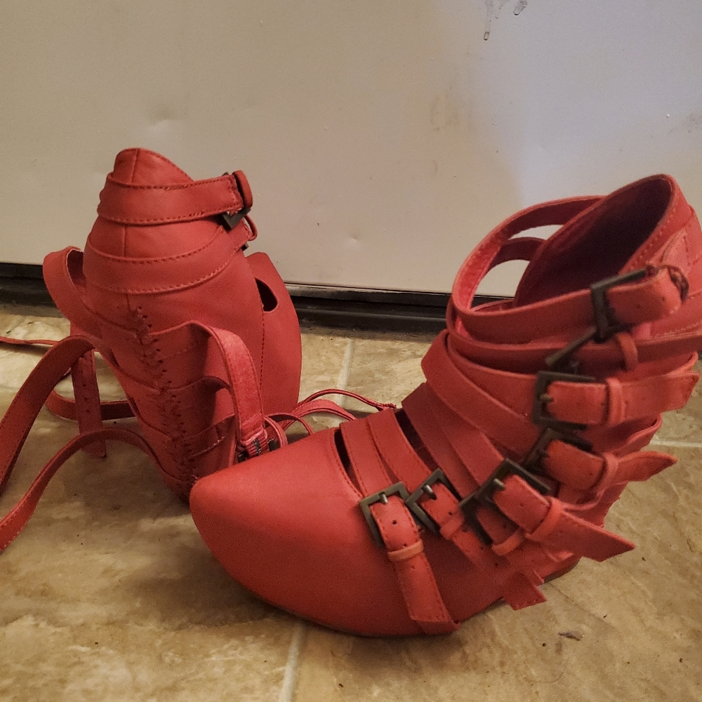 JEFFREY CAMPBELL ZIP 2 BRICK RED SUEDE PLATFORM WEDGES - Picture 14 of 15